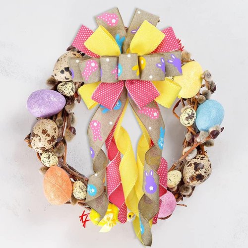 Hying Easter Wreath Bows - Flaxen Yellow & Pink Burlap Ribbon for Front Door Decor | Holiday Spring Bow