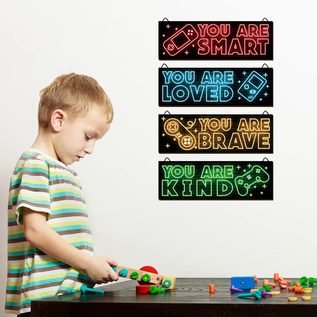YLOLUL Neon Game Art Prints - 4-Piece Wood Wall Decor for Boys' Rooms | Inspirational Gamer Quotes, 12 x 4 Inch, Red