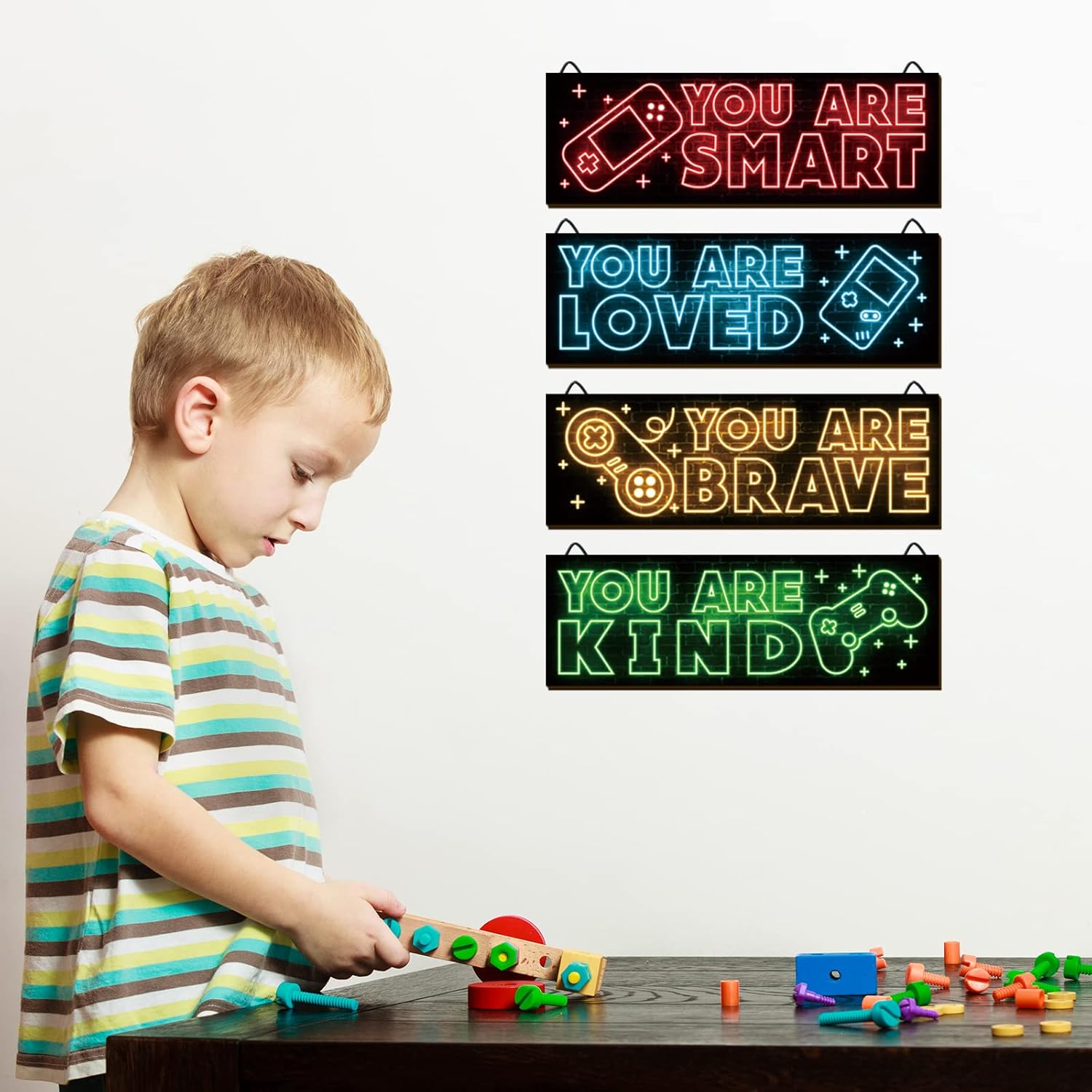 YLOLUL Neon Game Art Prints - 4-Piece Wood Wall Decor for Boys' Rooms | Inspirational Gamer Quotes, 12 x 4 Inch, Red