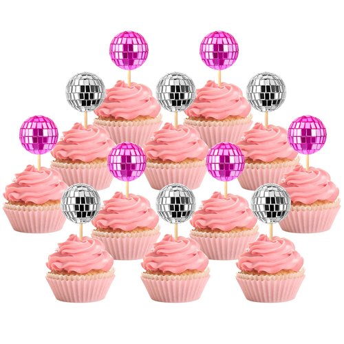 JOERSH 24pcs Disco Ball Cupcake Toppers - 1970s Disco Ball Picks Disco Theme Cake Decorations for Disco Theme Party 70s Disco Party Favor (Pink, Silver)