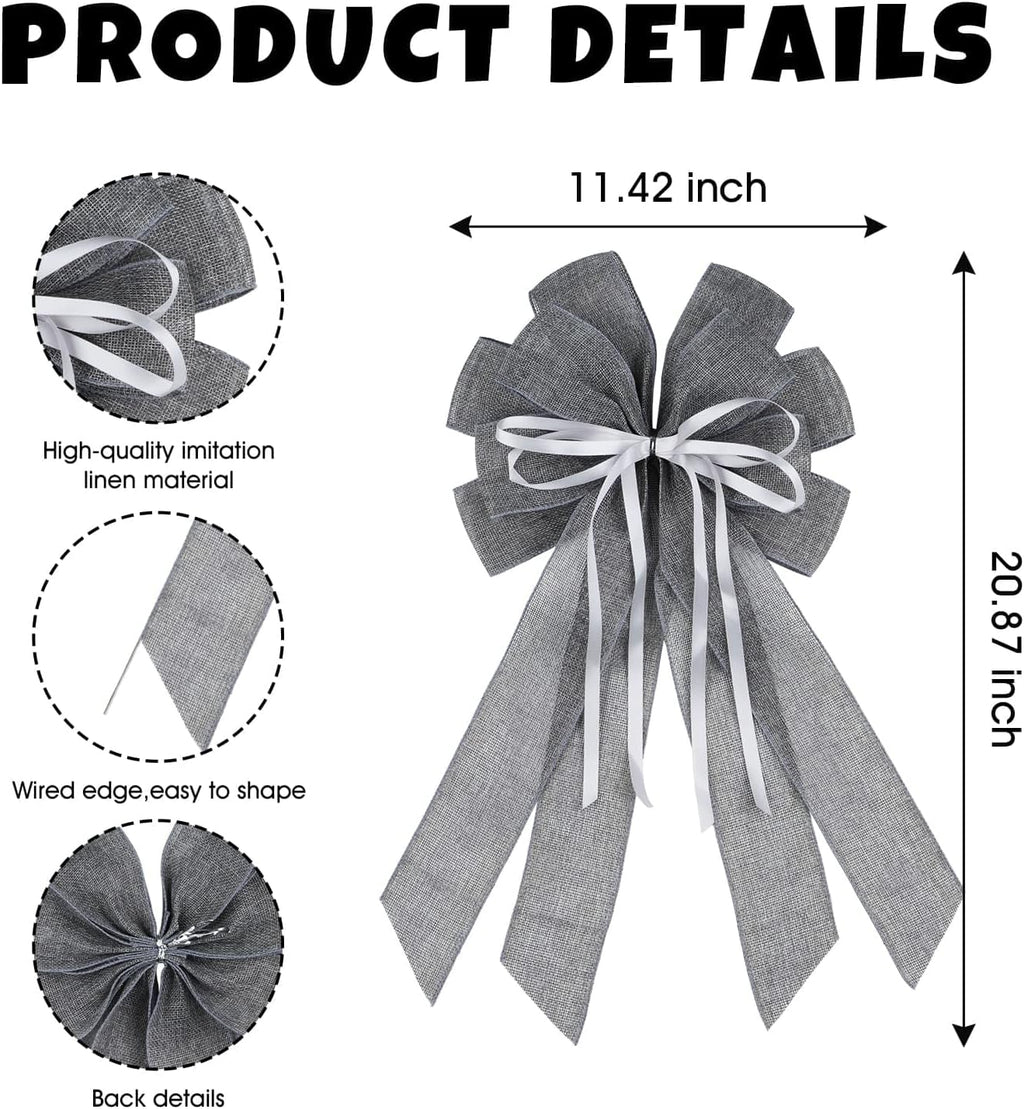 YKW Large Gray Burlap Bow - 20x11 Inch Modern Farmhouse Wreath Decor | Winter Holiday Indoor/Outdoor Ornaments