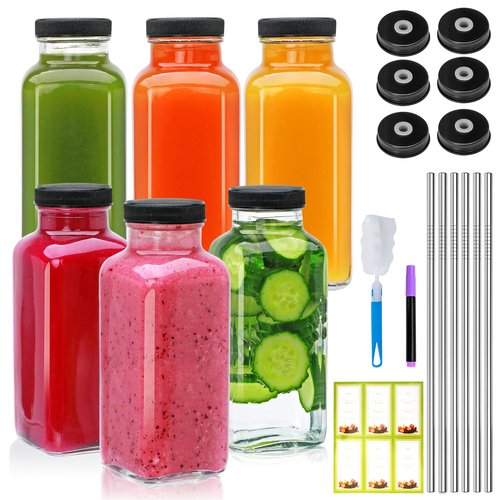 Maredash 12oz Glass Bottles with lids,juice bottles gifts for women,glass bottles with lids,glass water bottles. Kit includes Stainless Steels Straws,Two Types of Lid,Cleaning Brush 6pcs