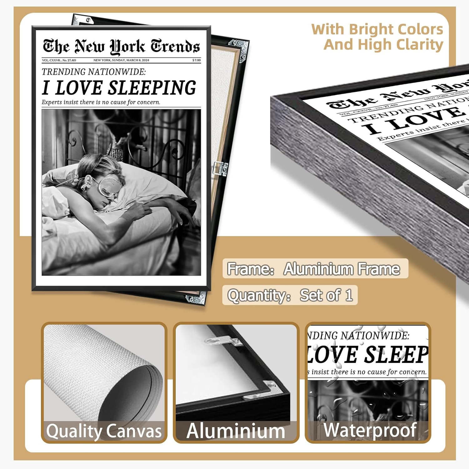 Vintage I Love Sleeping Canvas Wall Art - Black & White New York Headline Print | 8x10in Framed Decor