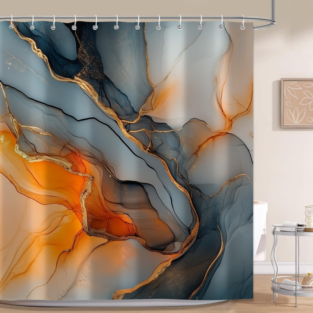 Moonslim Black Gold Marble Shower Curtains, Orange Grey Abstract Marble Shower Curtain, Modern Fabric Bath Curtain for Bathroom Decor Waterproof Cloth with Hooks 72X72 Inch