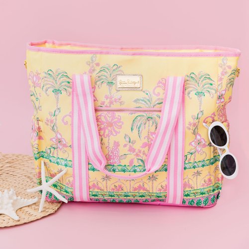 Lilly Pulitzer Yellow Picnic and Beach Cooler Bag, Insulated Soft Cooler with Adjustable Shoulder Strap and Zippered Top, Large for Groceries or Travel, Tropical Oasis