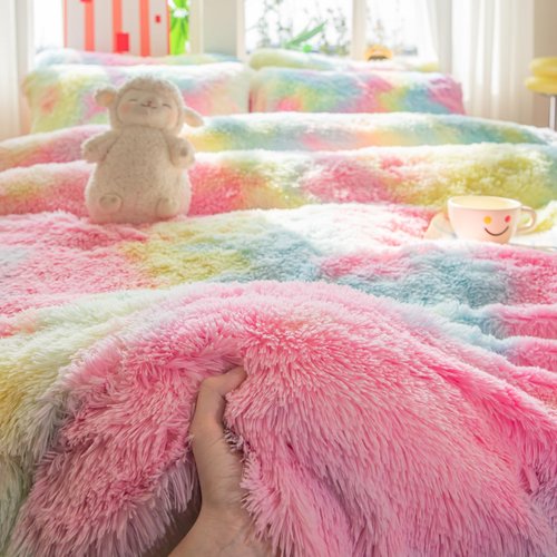 Roscloud Faux Fur Kids Girls Rainbow Comforter Sets Queen - 3PC Bed Set Warm Comfortable Soft Plush Flannel Velvet Fluffy Fuzzy Bedding（Comforter x 1 Pillowcases x 2）