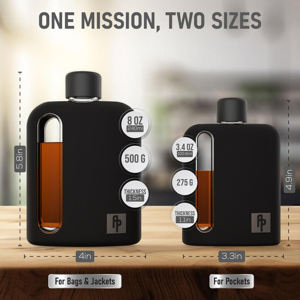 Ragproper Glass Hip Flask Set for Men – Modern Whiskey & Liquor Flasks with Cork & Silicone Lid Liner, Durable Silicone Cover, Firm Grip & Curved Edges – 100ml Single Shot and 240ml Double Shot, Black