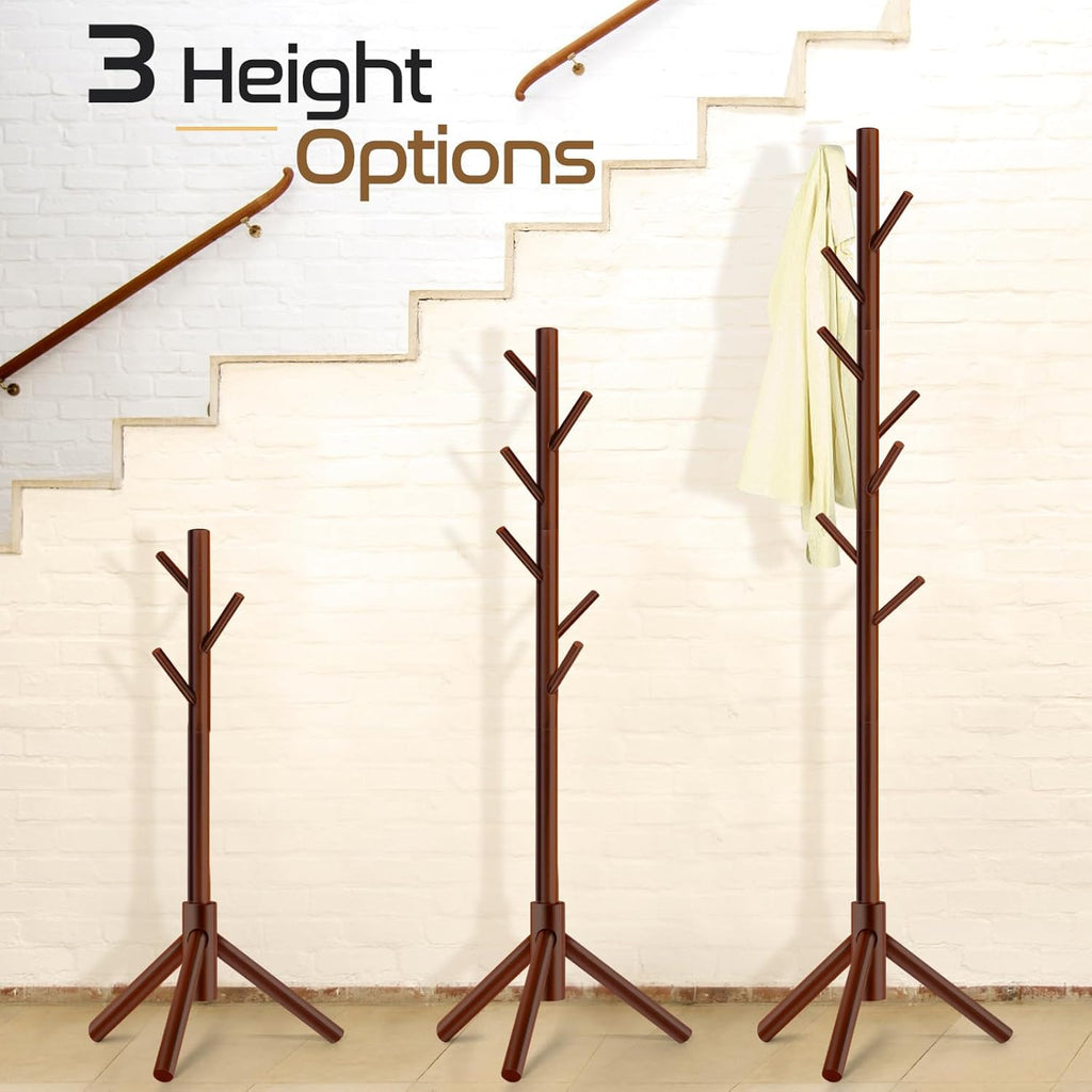 Skiennix Solid Wooden Coat Rack - Freestanding New Zealand Pine Coat Tree with 8 Hooks | Adjustable Sizes for Entryway, Office, or Bedroom (Brown)