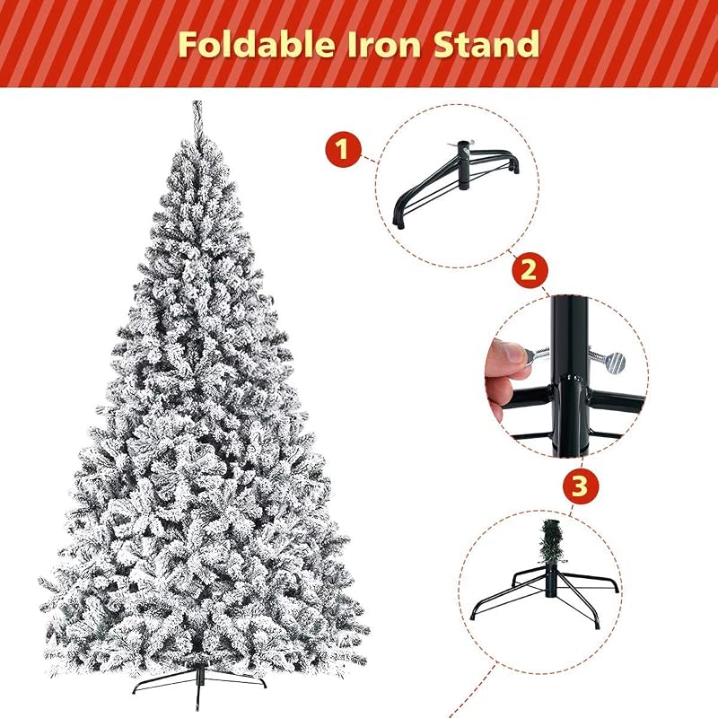 9FT Snow Christmas Tree - Artificial Flocked Hinged Pine with Metal Stand, Full Indoor/Outdoor Xmas Tree (Variation: 9ft)