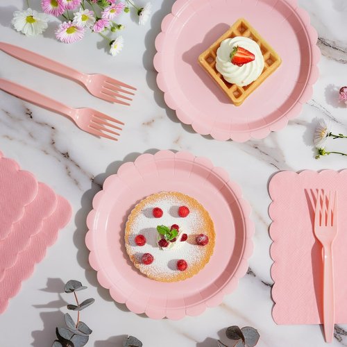 Tyzarglef 105PCS Paper Plates and Napkins Set,7 Inch Scalloped Disposable Tableware with Forks for Birthdays, Garden Parties & Outdoor Events,Serves 35 (Light Pink)