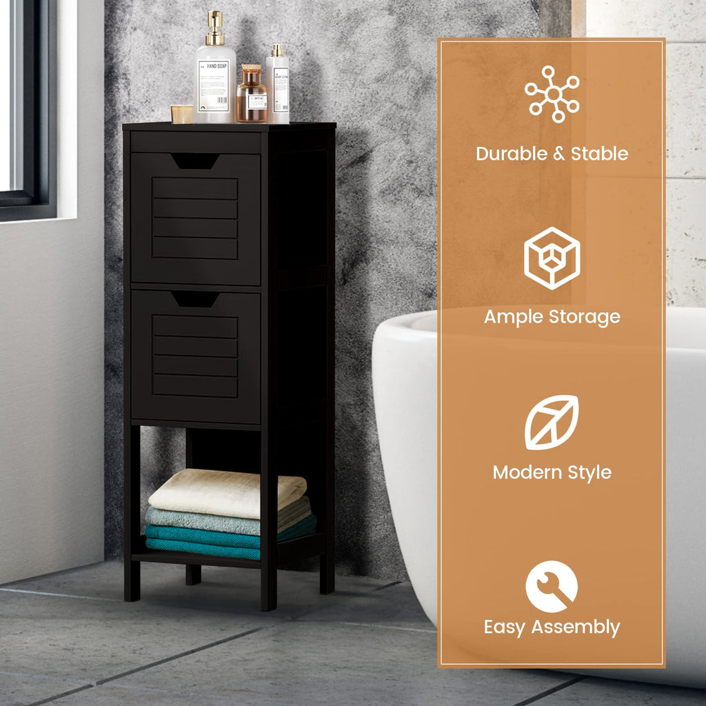 COSTWAY Bathroom Storage Cabinet, Freestanding Wooden Side Storage Cabinet with 2 Adjustable Drawers, Space-Saving Floor Cabinet for Living Room Bathroom Bedroom Entryway (Black)