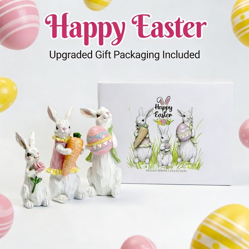 Hodao Easter Bunny Decorations - Spring Indoor Home Decor | White Bunny Family Figurines