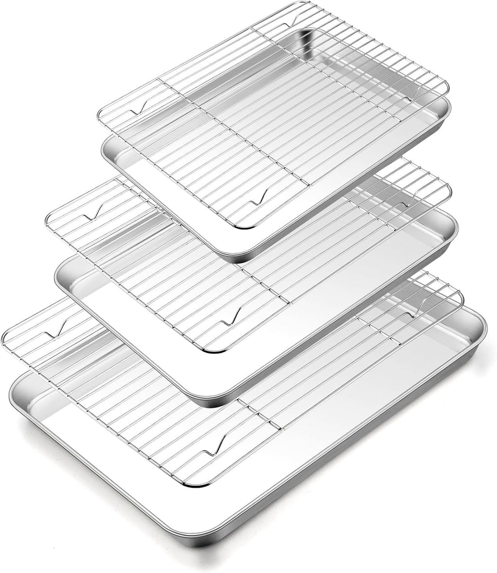 TeamFar Baking Sheet Set - 3 Stainless Steel Cookie Sheets with Racks | Non-Toxic, Heavy Duty, Dishwasher Safe, 16/12.5/10.5 Inch