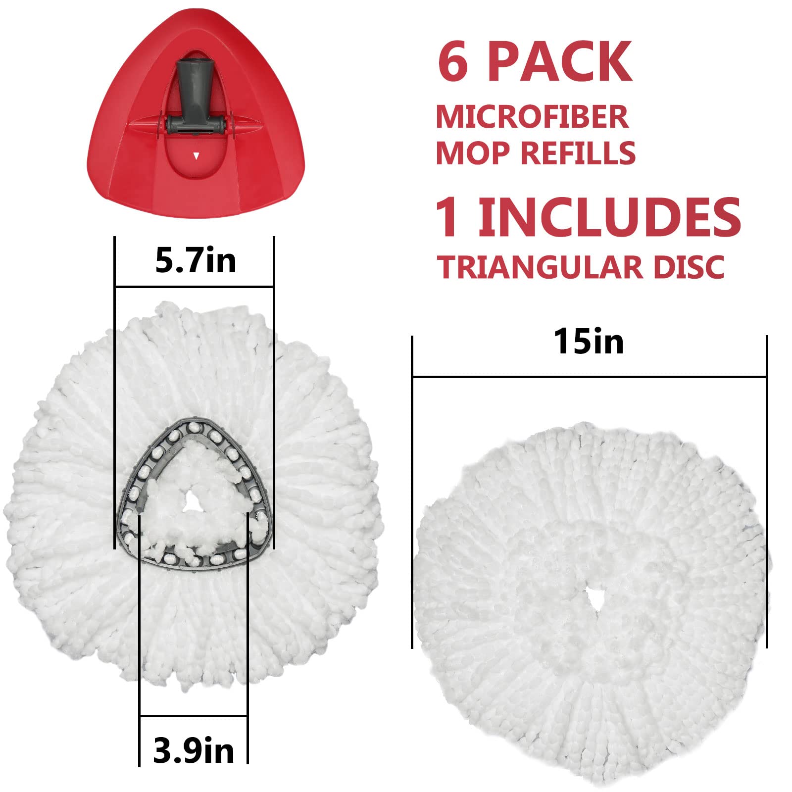 Spin Mop Replacement Head - 6 Pack EasyWring Mop Refills with Base Compatible with O-Cedar Triangle Spin Mop, Microfiber Mop Replace Head Easy Cleaning Floor Head Mop for Floor Cleaning