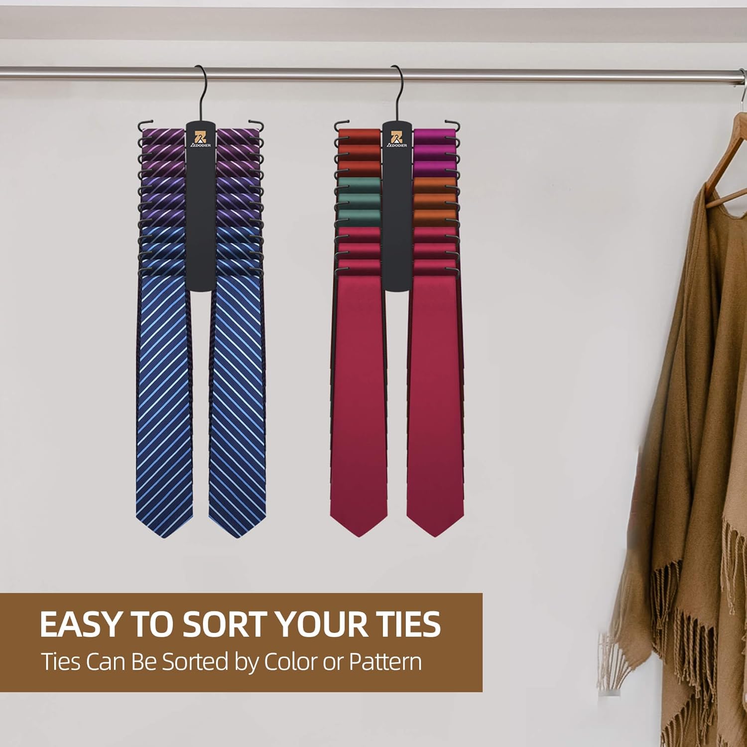 ZEDODIER Tie Hanger - Space-Saving Necktie Organizer with 40 Hooks | Large Capacity Black Wooden Hanger