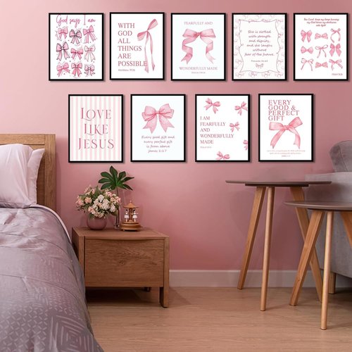 Coquette Pink Bow Wall Art - Inspirational Bible Verses Canvas Prints | 12x16in Unframed Decor for Teen Girls