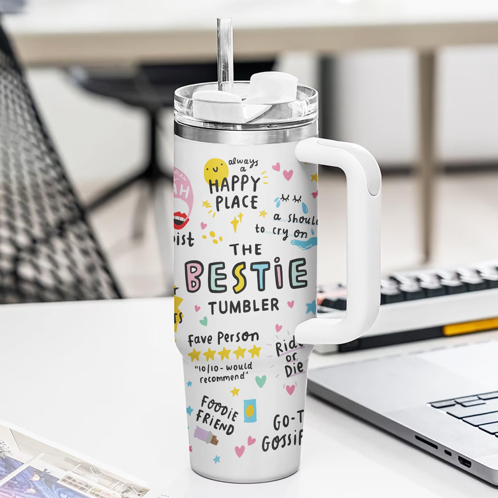Gossby Bestie Gift for Women - 30oz THE BESTIE TUMBLER - Friend Tumbler for Women - Christmas, Birthday, Friendship Gifts - Funny Best Friend Gift - Stainless Steel Insulated Travel Mug with Handle