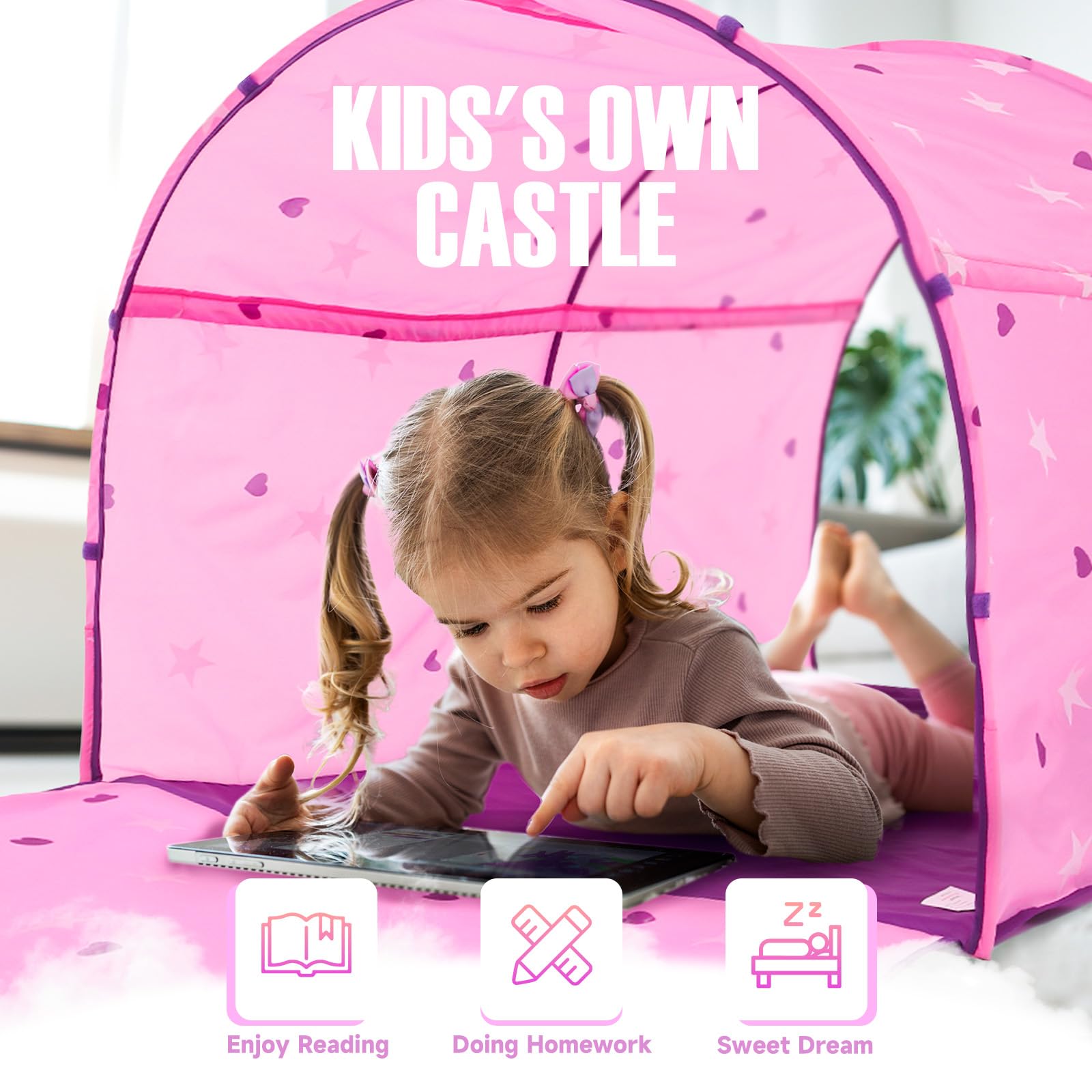 Alvantor® Starlight Bed Canopy Dream Play Tents Playhouse Privacy Space Twin Sleeping Indoor Stars Boys Girls Pop Up Portable Frame Curtains Pink, Patent Pending