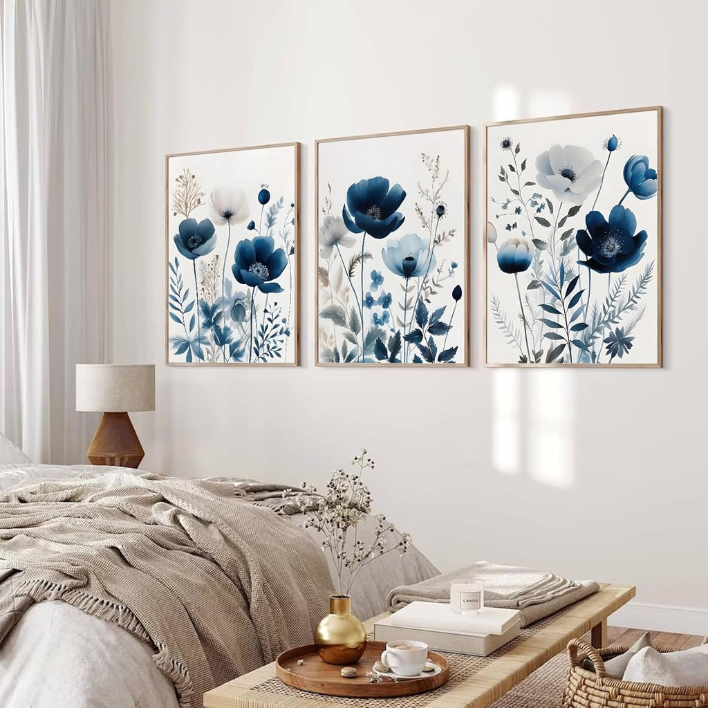 Skiennix 3-Piece Flower Canvas Wall Art - Navy Blue Wildflower Watercolor Prints | Unframed 12x16in Decor