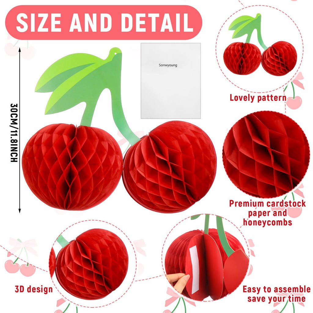 Sonwyoung Cherry Birthday Party Decorations Hanging Paper Honeycomb Cherry Table Centerpieces Paper Lanterns for Ceiling Fruit Party Decor(Red)