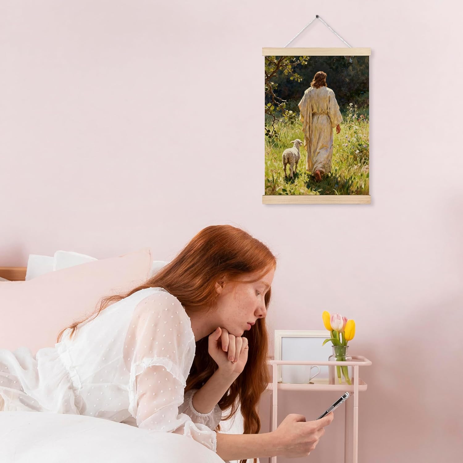 MKIJUHB Jesus Wall Art - Framed Canvas Print of Jesus and Lamb for Home or Church | 12x16 Inch