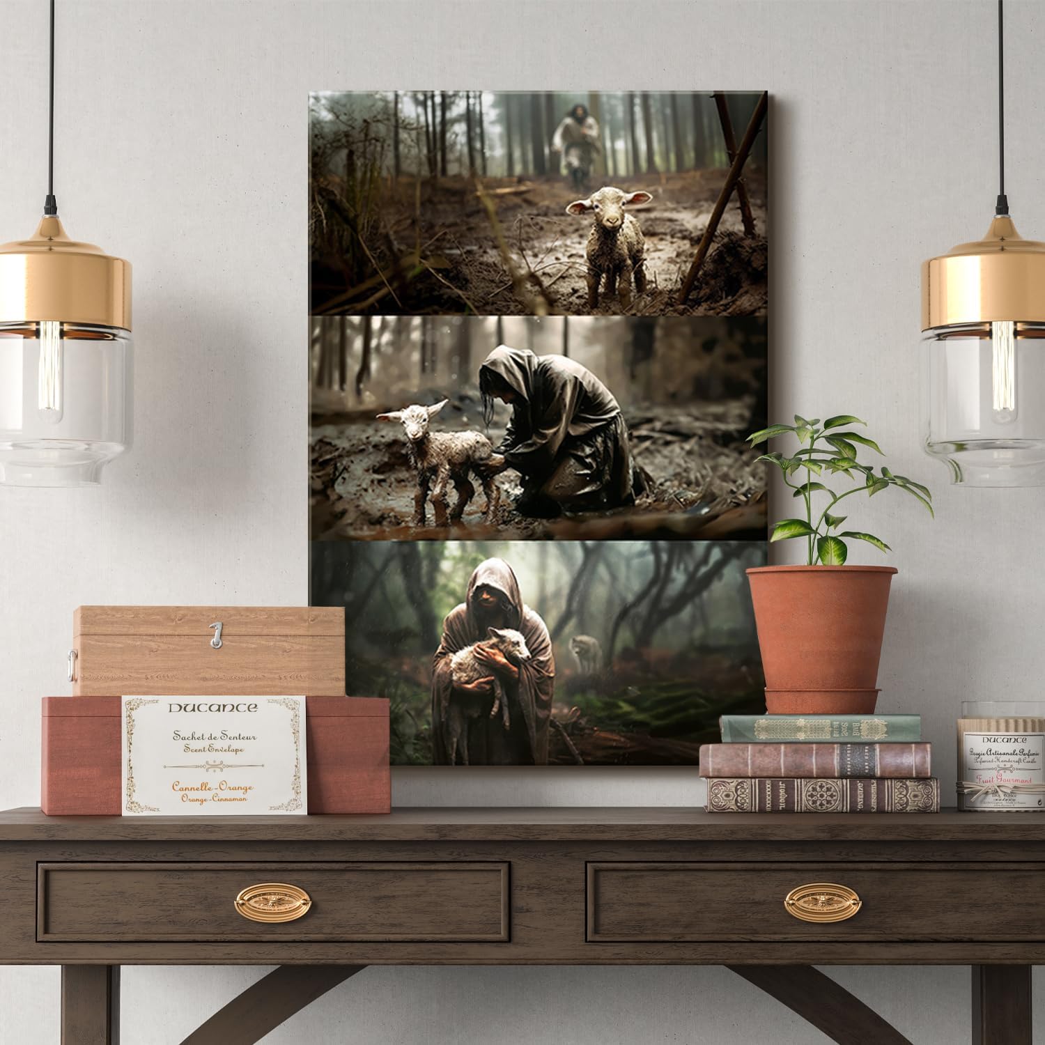 Regine Switzerland Framed Jesus and Lamb Canvas Wall Art - Vintage Christian Decor | 12x16in