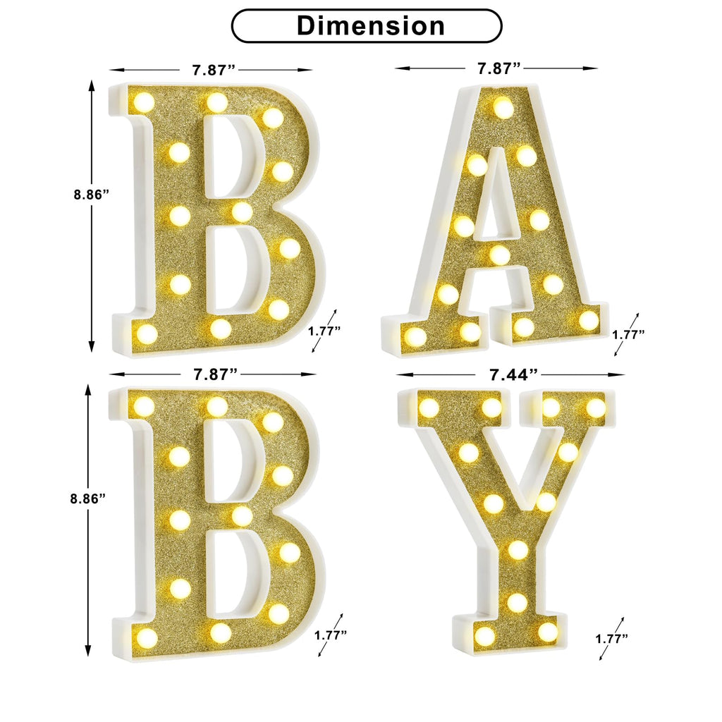 Pooqla BABY Marquee Light Up Letter Set, Gold Glitter Glowing Letters for Baby Shower Girl Boy Birthday Party Backdrop, LED Light Up Letter for Gender Reveal Home Bedroom Nursery Table Wall Decor