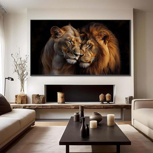 Lions Canvas Wall Art - Romantic Loving Lions Couple | African Wildlife Gold Framed (48"x27")