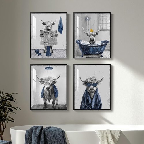 Highland Cow Wall Art - 4 Piece Funny Bathroom Decor | Cute Cow Prints for Restroom & Washroom