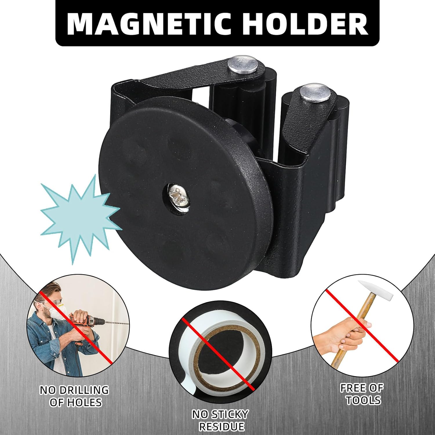 Vercraft Magnetic Mop Broom Holder - Movable Wall-Mounted Rack for Cleaning Tools | Black, 2 Pcs