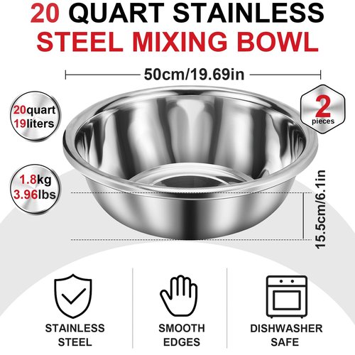FillTouch 2 Pack Large Mixing Bowl 20 Qt Oversized All Purpose 304 Stainless Steel Polished Mirror Flat Base Metal Bowl for Home or Commercial Prepping Baking Mixing Marinating