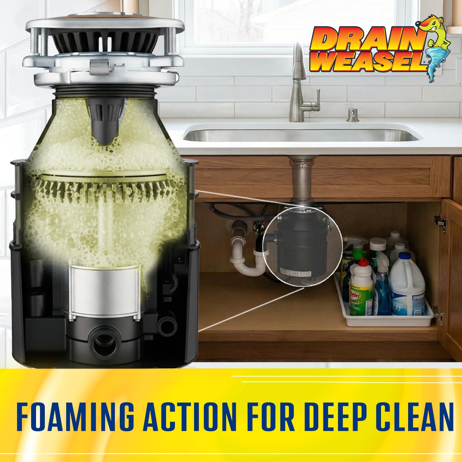 Drain Weasel Garbage Disposal Pods Cleaner and Deodorizer, Sink Odor Eliminator with Foaming Action, Septic-Safe Enzyme Formula, Fresh Lemon Scent, Pack of 5