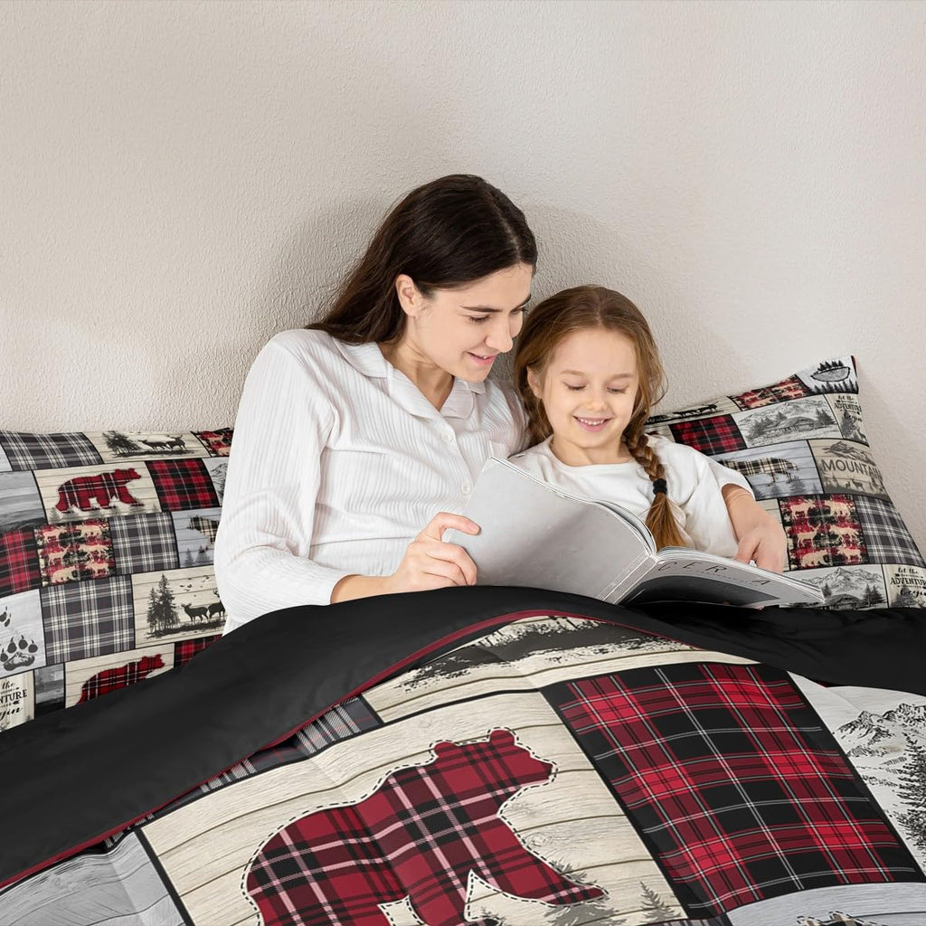 Rustic Cabin Comforter Set Full Woodland Wolf Deer Bear Comforter For Kids Adults,Red Black Buffalo Plaid Bedding Set Wildlife Camping Lodge Mountain Quilt Bedding Southwestern Farmhouse Decor