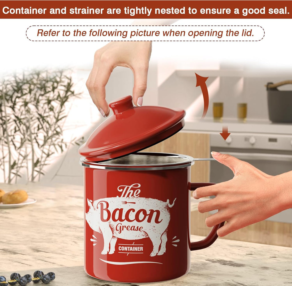 Skiennix Bacon Grease Container - 46oz Enamel Keeper with Strainer & Silicone Spatula | Red, Dishwasher Safe