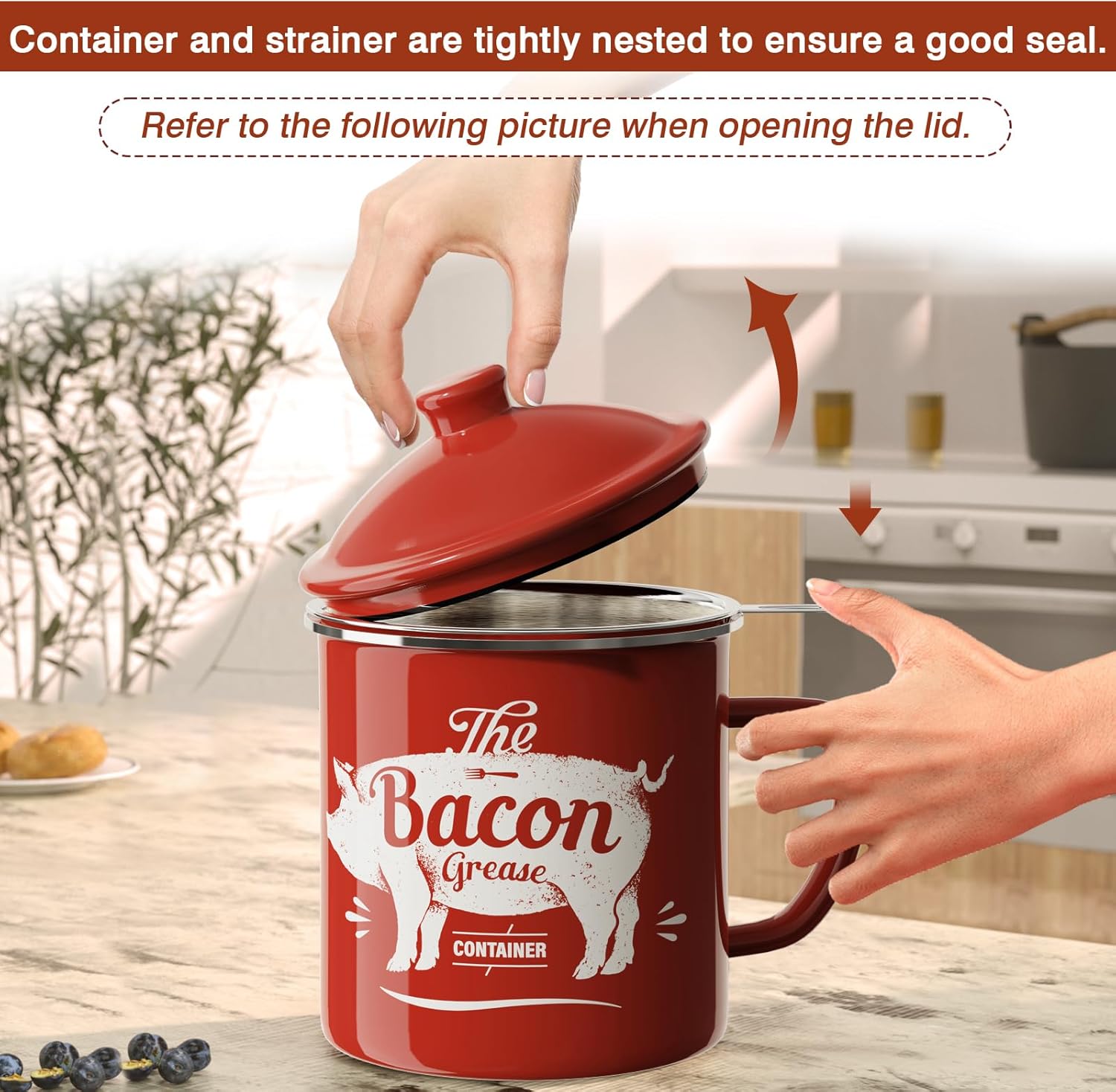 Skiennix Bacon Grease Container - 46oz Enamel Keeper with Strainer & Silicone Spatula | Red, Dishwasher Safe