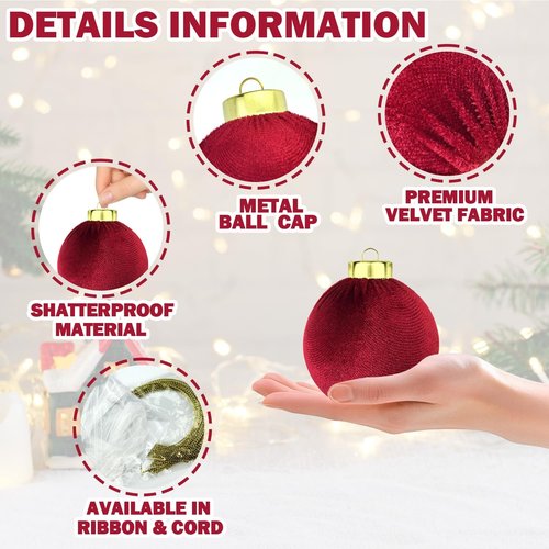 Dark Red Velvet Christmas Tree Ornaments - 15 PCS Large 3.15 Inch Shatterproof Baubles | Flocked Burgundy Decor