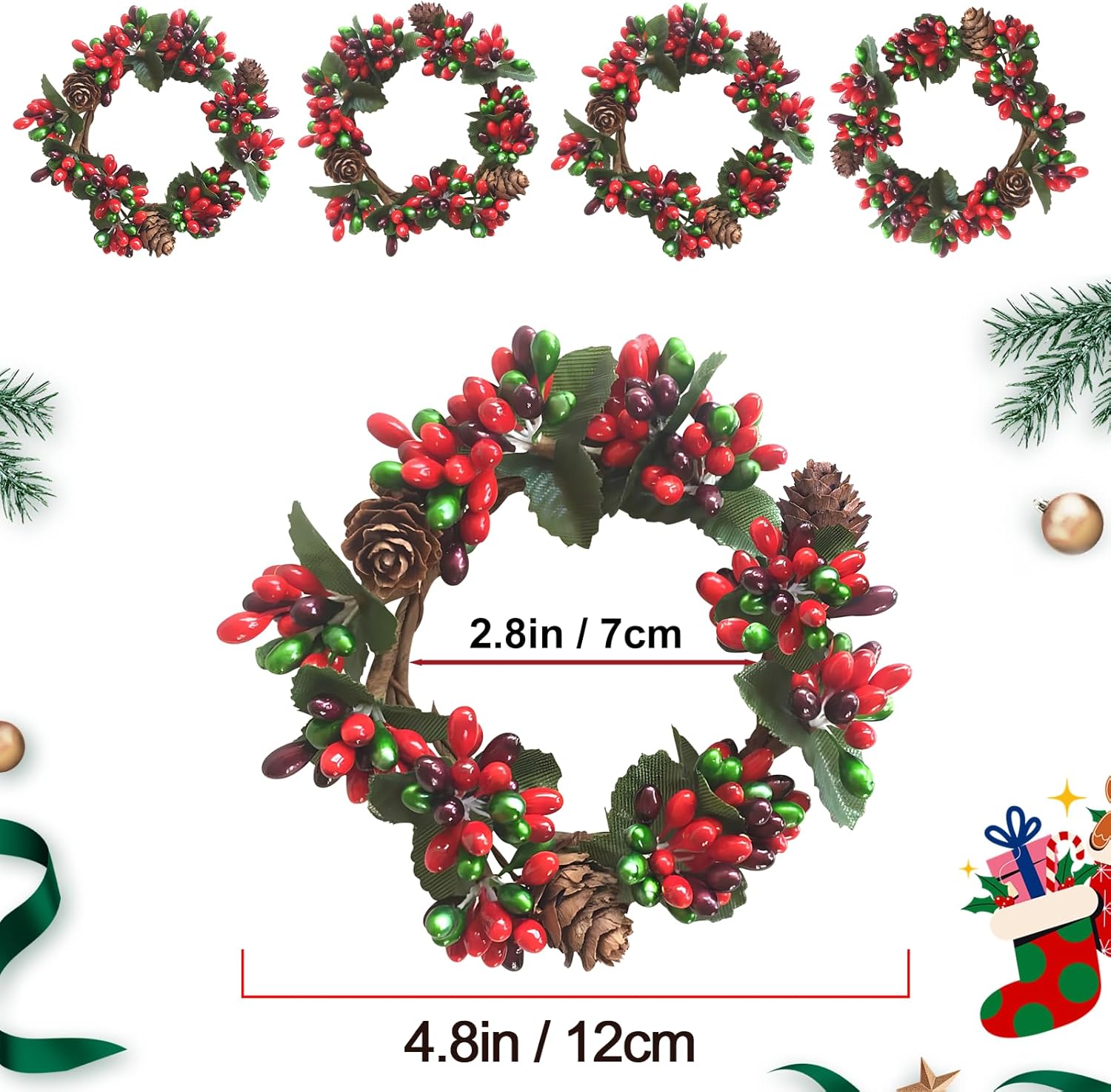 Skiennix Mini Christmas Candle Rings - Red Berry & Pinecone Wreaths for Tea Lights | Holiday Decor