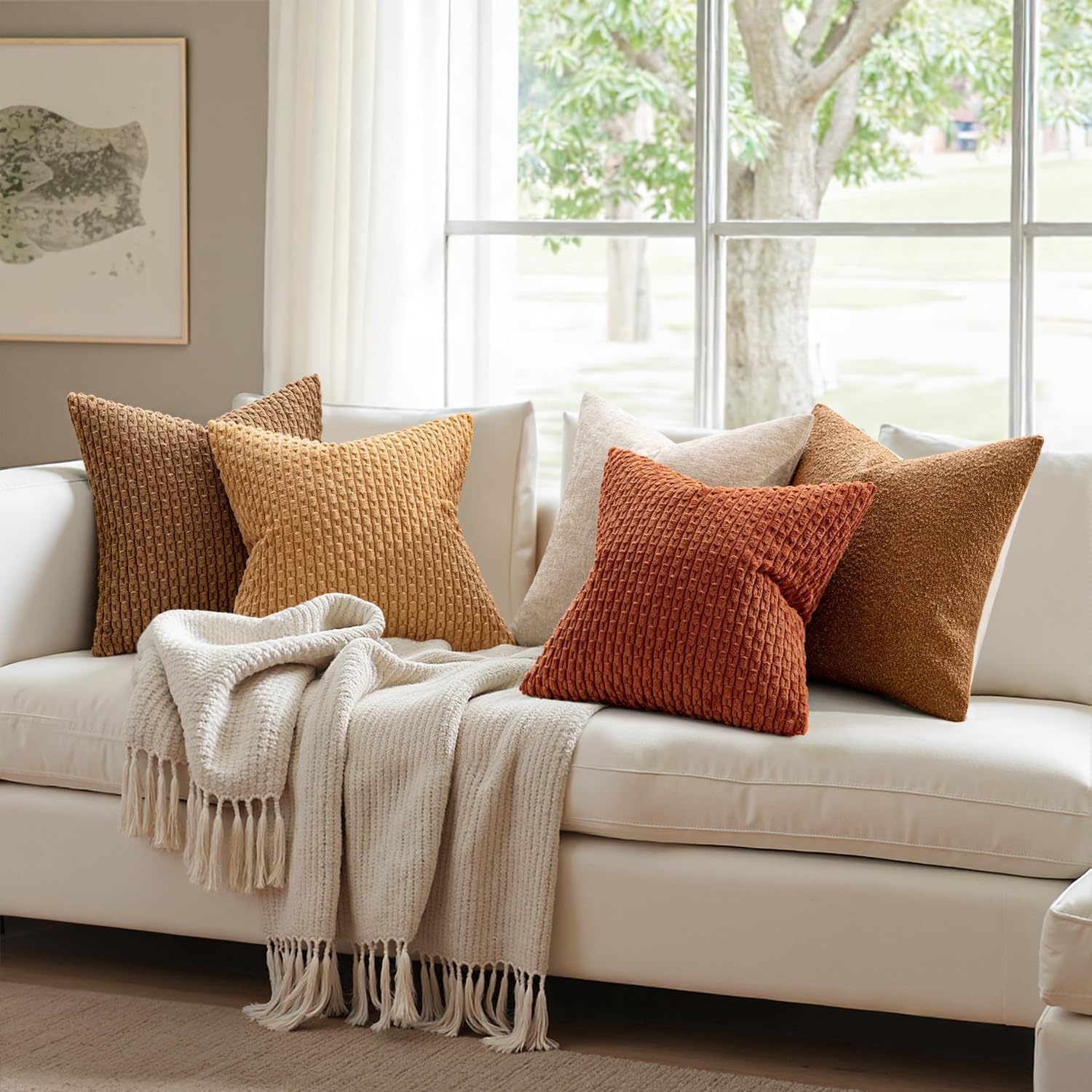 MIULEE Throw Pillow Covers - Soft Corduroy Boho Striped Decorative Pillowcases | Set of 2, 18x18 Inch, Rust