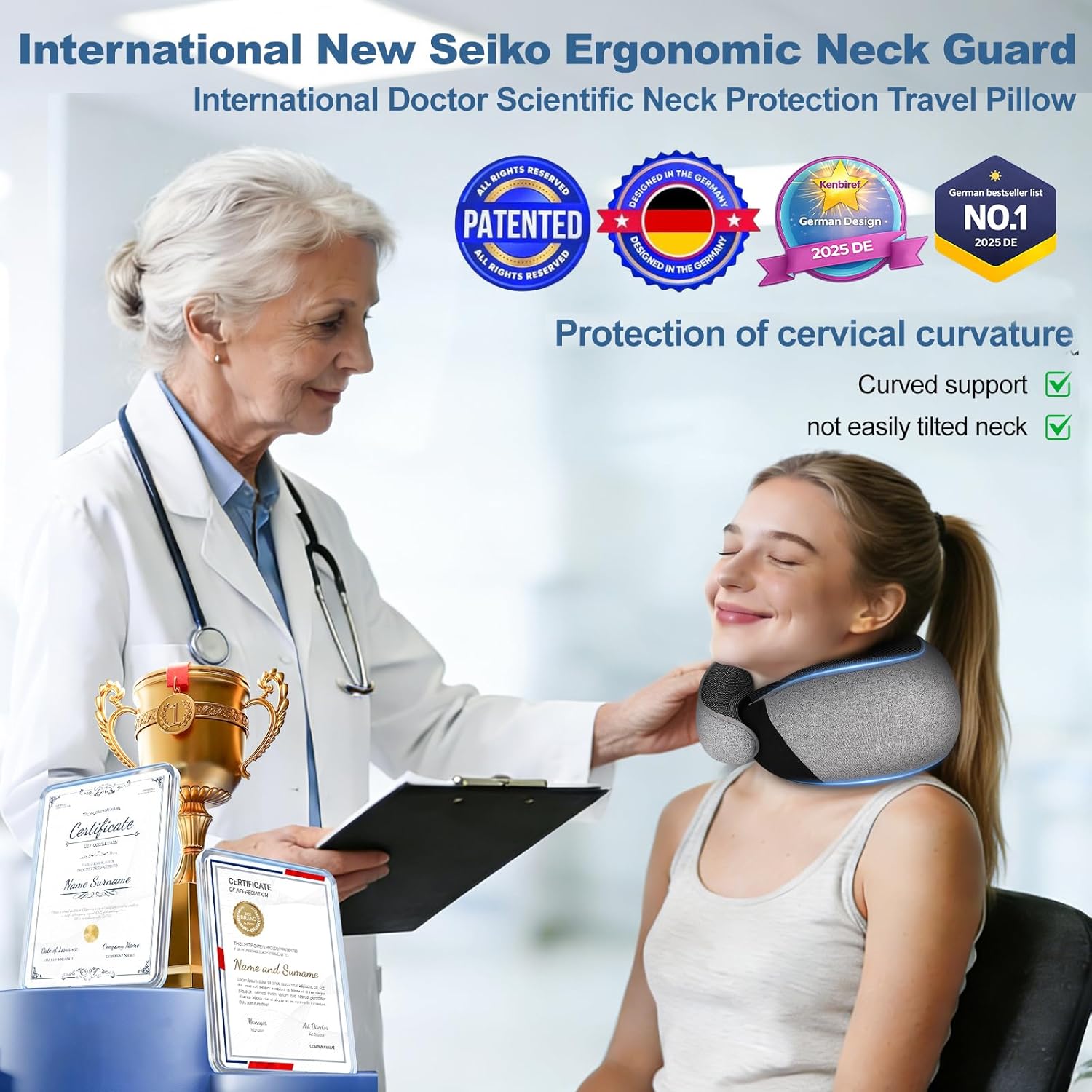 Memory Foam Travel Neck Pillow - Ergonomic 360° Head Support | Includes Eye Mask & Ear Plugs | Ultra Portable Gray Pillow for Flights & Cars