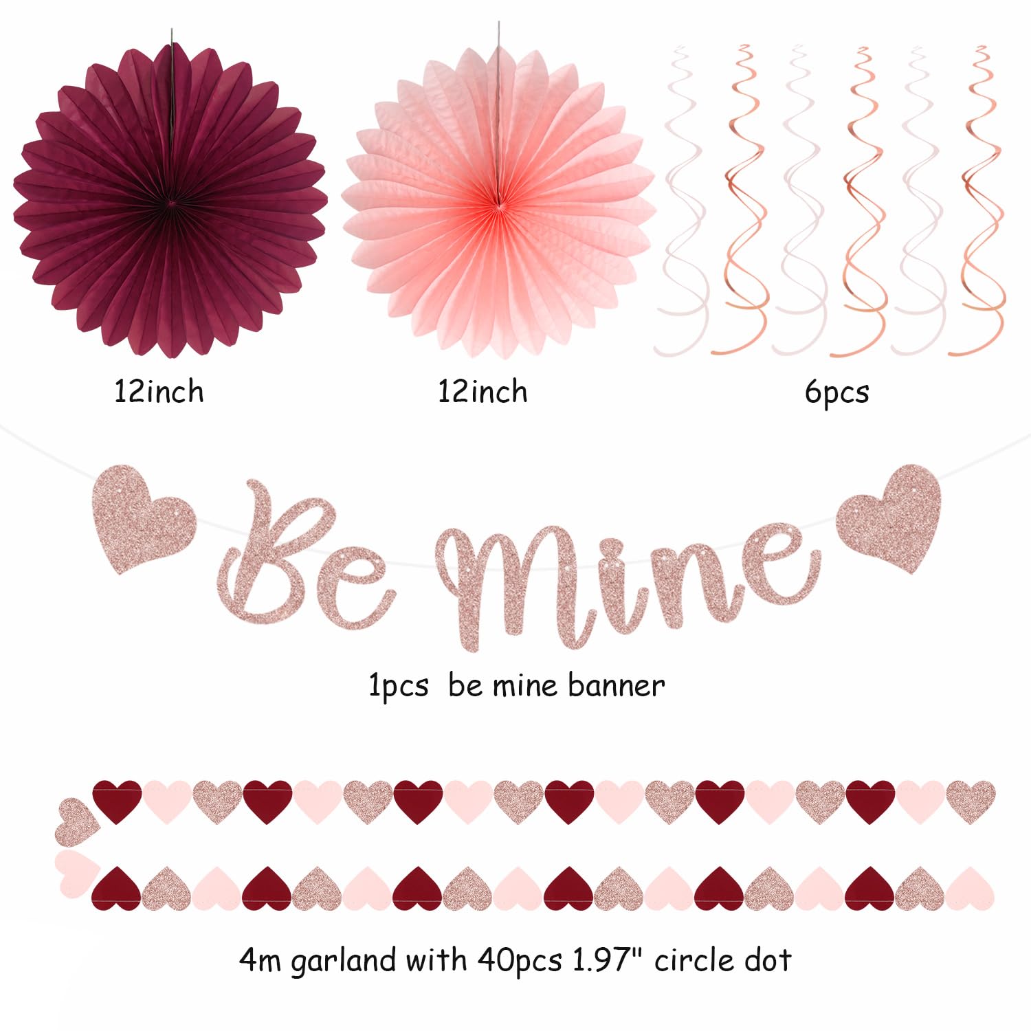 Pink Burgundy-Red Valentines-Day Galentines Party-Decorations - 22pcs Be Mine Love Banner,Wine Red Paper Lanterns Honeycomb Balls,Tissue Pom Poms Flowers Fans,Happy Anniversary Decor Hugmoon