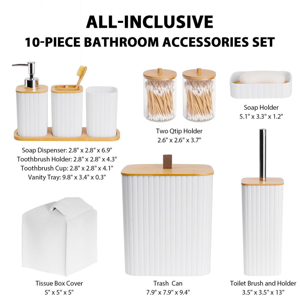 Bathroom Accessory Set - 10 Piece White Bathroom Sets Complete with Trash Can, Toothbrush Holder & Cup, Soap Dispenser, Soap Dish, Toilet Brush & Holder, Vanity Tray, Qtip Holder, Tissue Box Cover