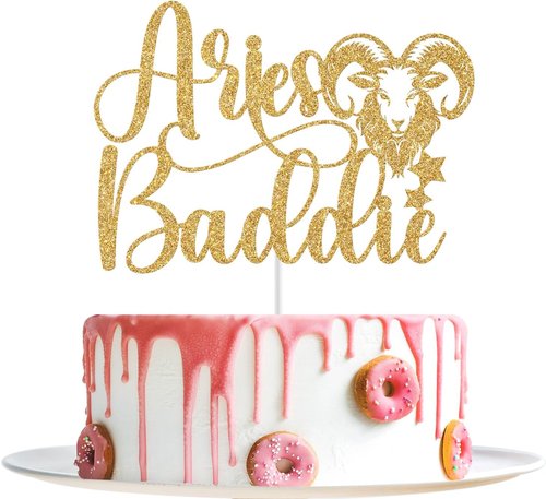 Aries Baddie Cake Topper - Gold Glitter Zodiac Birthday Decoration for March & April Celebrations