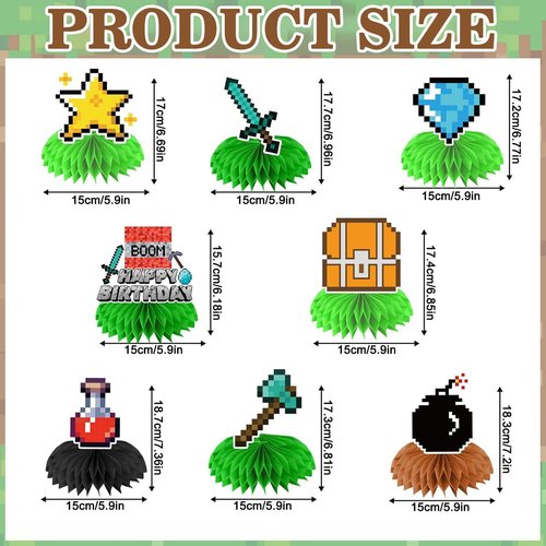 8PCS Pixel Theme Birthday Party Decoration Honeycomb Party Centerpieces for Table Decoration supplies