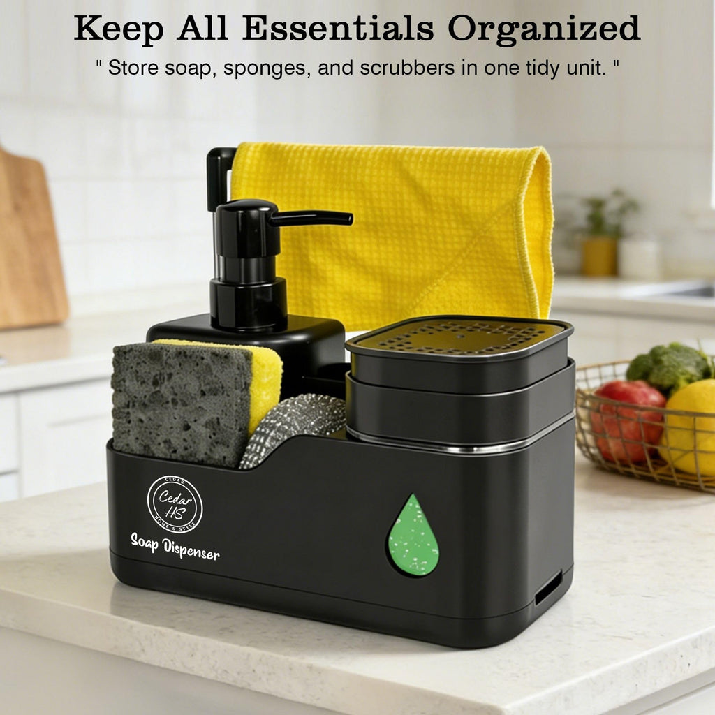 Kitchen Soap Dispenser Set (Black) – 4 in 1 Dual Pump Bottles with Sponge Caddy, Brush Holder, Towel Bar & Drain Rack – Space-Saving Countertop Organizer for Sink & Bathroom