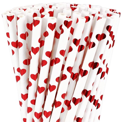 Whaline 100Pcs Valentine's Day Paper Straws Foil Red Heart Straws Disposable Drinking Straws for Wedding Birthday Party Supplies