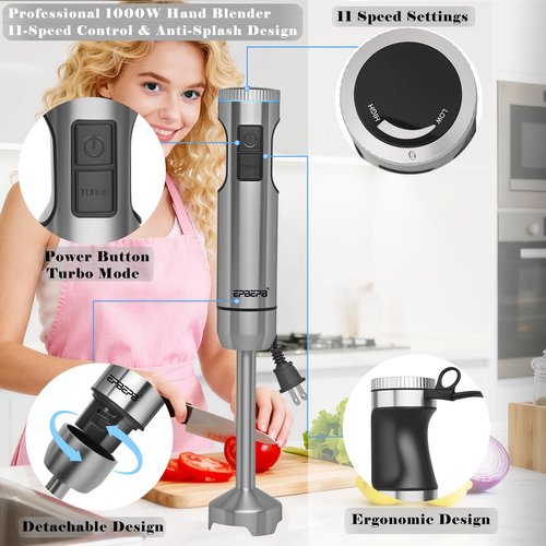Handheld Immersion Blender Bundle, 1000W Powerful 11-in-1 Set for Smoothies,Orange Juicer,Minced meat,Milk frother,Egg Beater, Dough Hook, Vegetable Chopper, Potato Masher