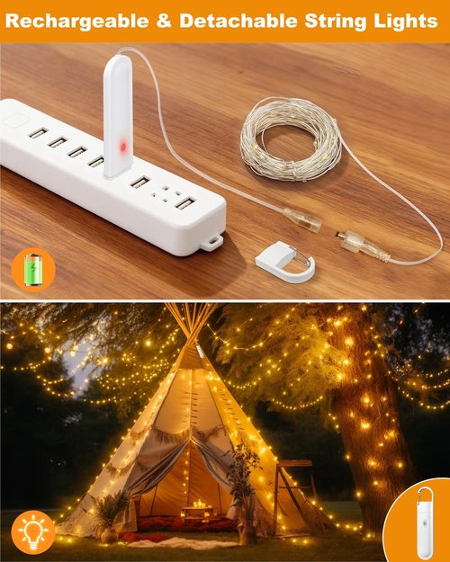Btfarm Rechargeable Fairy Lights - 33FT 100LED Twinkle String Lights with Remote & Timer | Waterproof Warm White for Indoor & Outdoor Decor