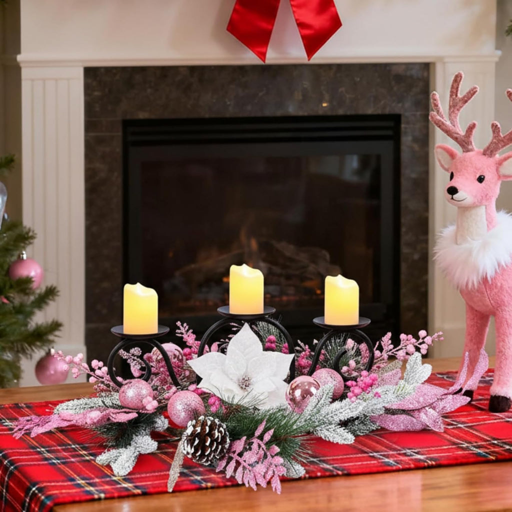 Maxdot Pink Christmas Candle Holder - Elegant Metal Poinsettia Design for Dining Table Decor | Festive Centerpiece