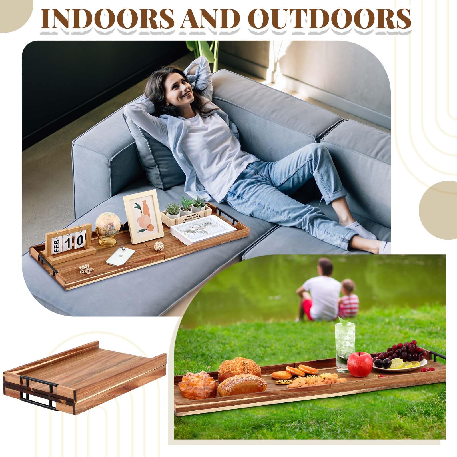 Teenyyou 36"x 12" Extra Large Ottoman Tray with Handle Acacia Wooden Charcuterie Board Serving Cheese Boards Tray Oversized Coffee Table Rectangle Supplies for Tea Kitchen Food Beverage Fruit Snack