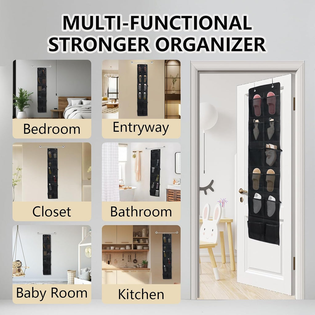 Over The Door Shoe Organizer - 12 Mesh Pockets With 4 Metal Hooks | Stylish Black Design